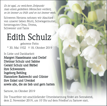 Traueranzeige von Edith Schulz von Vorpommern Kurier