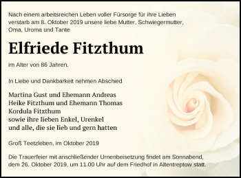 Traueranzeige von Elfriede Fitzthum von Neubrandenburger Zeitung