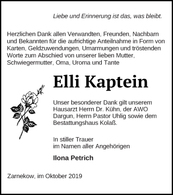 Traueranzeige von Elli Kaptein von Mecklenburger Schweiz