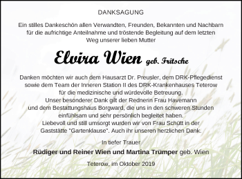 Traueranzeige von Elvira Wien von Mecklenburger Schweiz