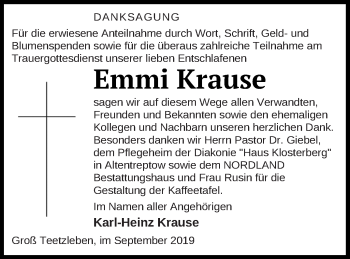 Traueranzeige von Emmi Krause von Neubrandenburger Zeitung