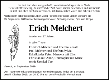 Traueranzeige von Erich Melchert von Haff-Zeitung