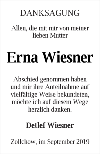 Traueranzeige von Erna Wiesner von Prenzlauer Zeitung