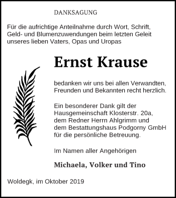 Traueranzeige von Ernst Krause von Strelitzer Zeitung