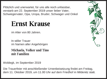 Traueranzeige von Ernst Krause von Prenzlauer Zeitung