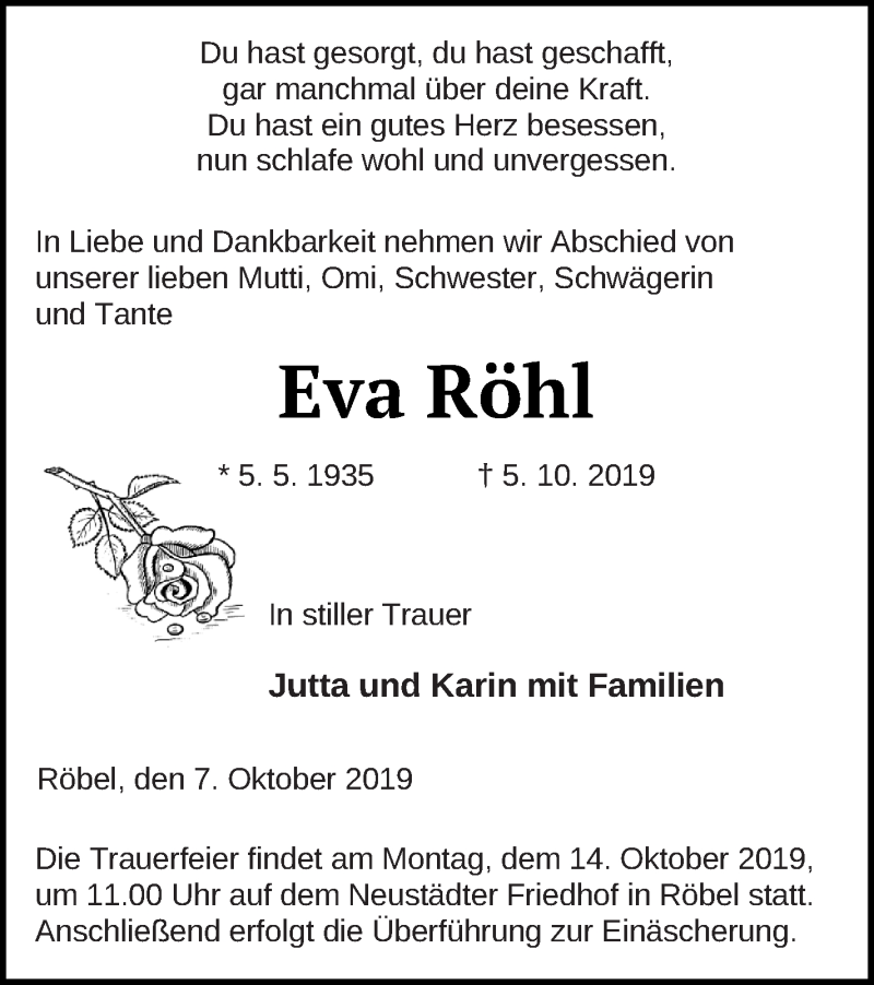  Traueranzeige für Eva Röhl vom 09.10.2019 aus Müritz-Zeitung