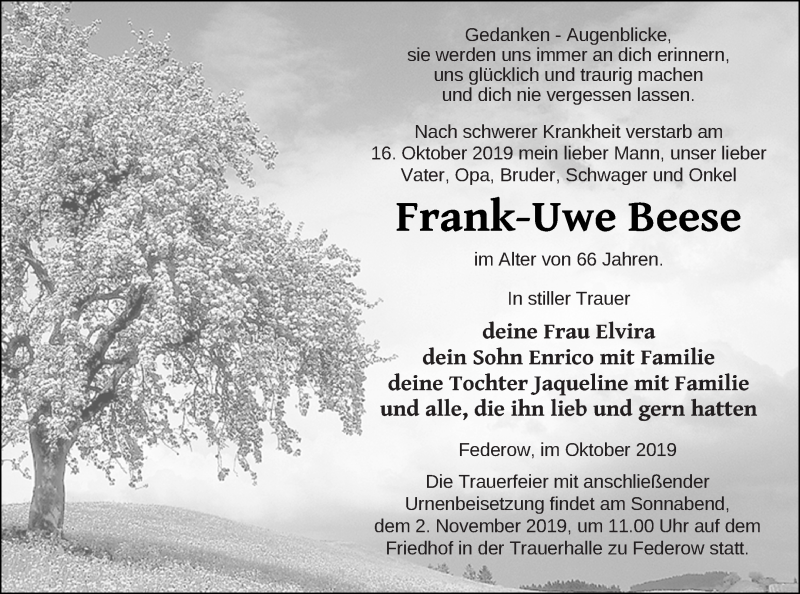  Traueranzeige für Frank-Uwe Beese vom 23.10.2019 aus Müritz-Zeitung