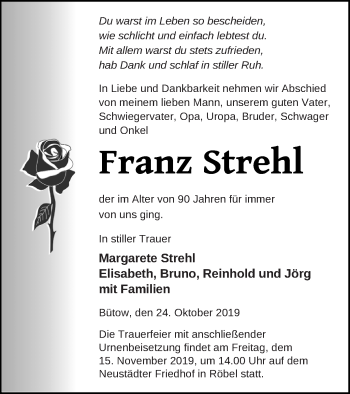 Traueranzeige von Franz Strehl von Müritz-Zeitung