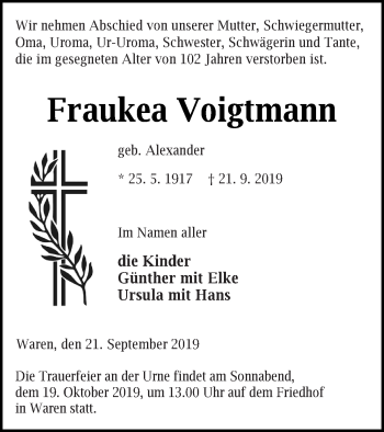 Traueranzeige von Fraukea Voigtmann von Müritz-Zeitung