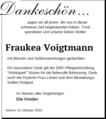 Traueranzeige von Fraukea Voigtmann von Müritz-Zeitung