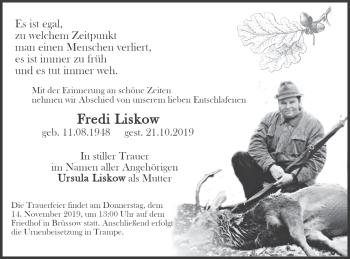 Traueranzeige von Fredi Liskow von Prenzlauer Zeitung