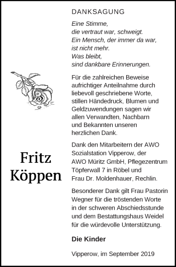 Traueranzeige von Fritz Köppen von Müritz-Zeitung