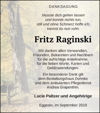 Traueranzeige von Fritz Raginski von Haff-Zeitung