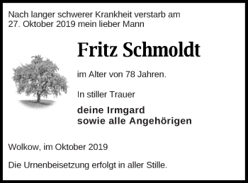 Traueranzeige von Fritz Schmoldt von Demminer Zeitung