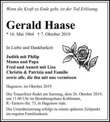 Traueranzeige von Gerald Haase von Hagenower Kreisblatt