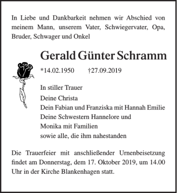 Traueranzeige von Gerald Günter Schramm von Norddeutsche Neueste Nachrichten