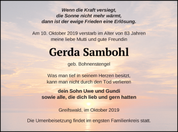 Traueranzeige von Gerda Sambohl von Vorpommern Kurier