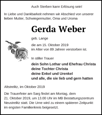 Traueranzeige von Gerda Weber von Strelitzer Zeitung