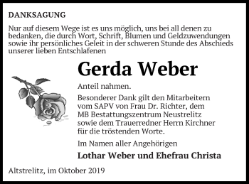 Traueranzeige von Gerda Weber von Strelitzer Zeitung