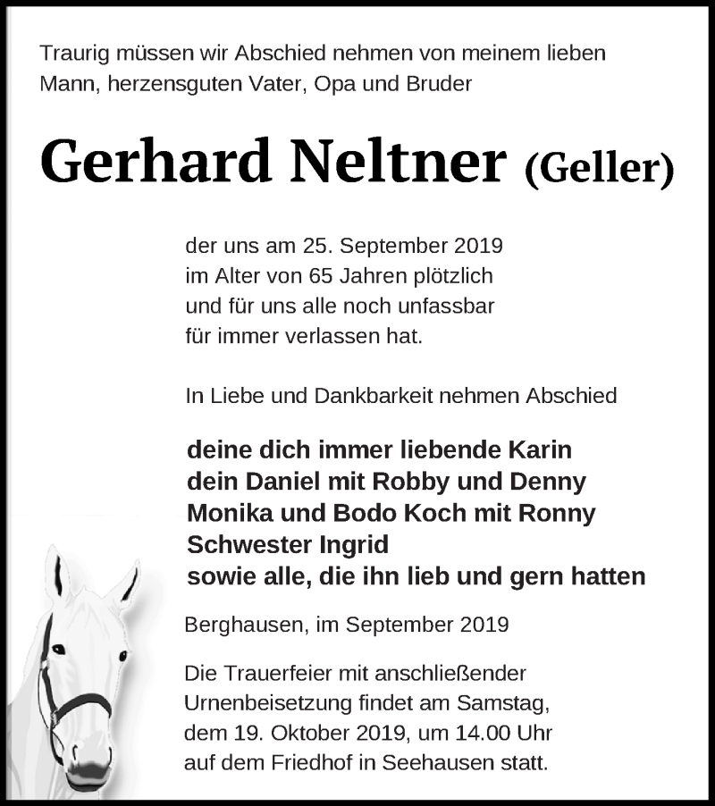  Traueranzeige für Gerhard Neltner vom 04.10.2019 aus Prenzlauer Zeitung