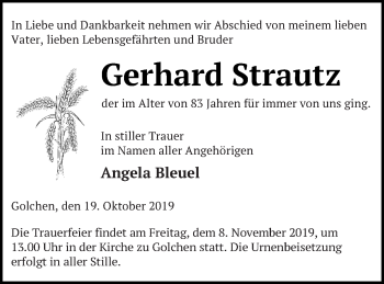 Traueranzeige von Gerhard Strautz von Neubrandenburger Zeitung