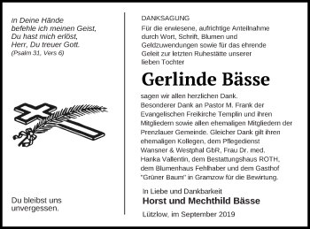 Traueranzeige von Gerlinde Bässe von Prenzlauer Zeitung