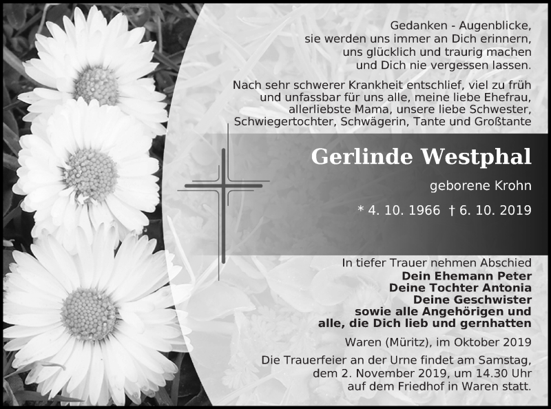  Traueranzeige für Gerlinde Westphal vom 26.10.2019 aus Müritz-Zeitung