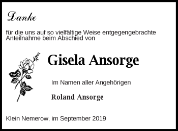 Traueranzeige von Gisela Ansorge von Neubrandenburger Zeitung