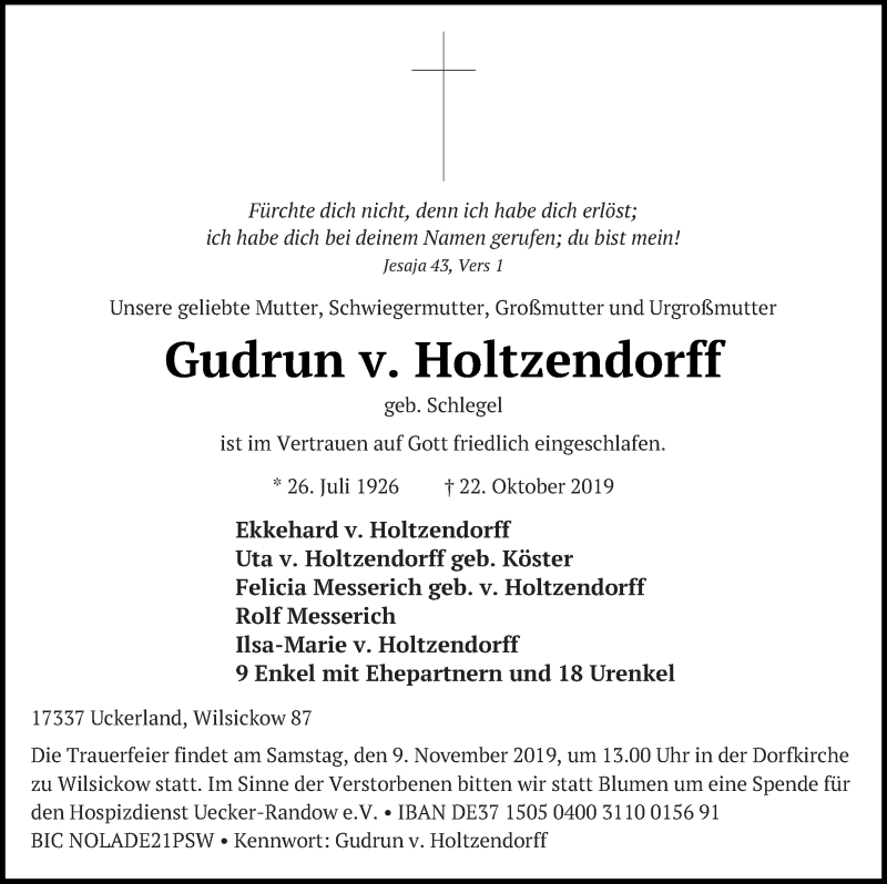  Traueranzeige für Gudrun v. Holtzendorff vom 25.10.2019 aus Pasewalker Zeitung