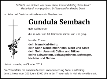 Traueranzeige von Gundula Sembach von Haff-Zeitung