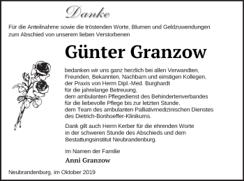 Traueranzeige von Günter Granzow von Neubrandenburger Zeitung