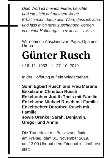 Traueranzeige von Günter Rusch von Pasewalker Zeitung