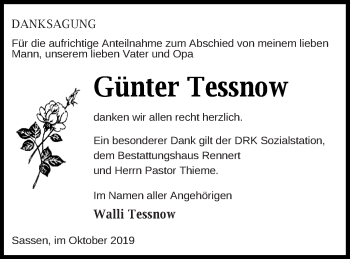 Traueranzeige von Günter Tessnow von Vorpommern Kurier