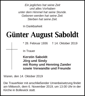 Traueranzeige von Günter August Saboldt von Müritz-Zeitung