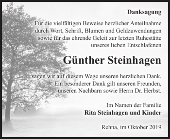 Traueranzeige von Günther Steinhagen von Gadebusch-Rehnaer Zeitung