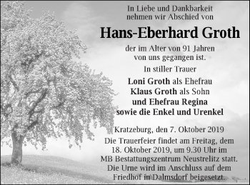 Traueranzeige von Hans-Eberhard Groth von Strelitzer Zeitung