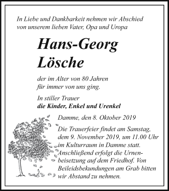 Traueranzeige von Hans-Georg Lösche von Prenzlauer Zeitung