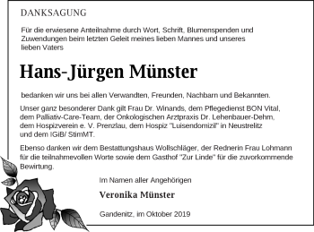 Traueranzeige von Hans-Jürgen Münster von Templiner Zeitung