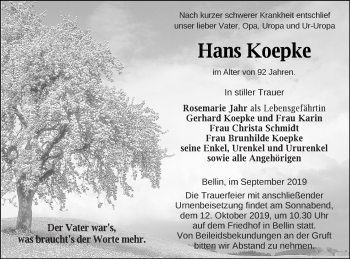 Traueranzeige von Hans Koepke von Haff-Zeitung