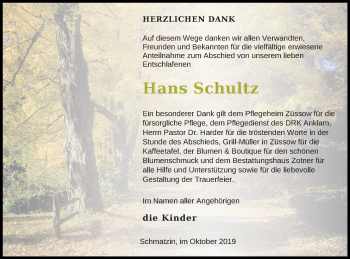 Traueranzeige von Hans Schultz von Vorpommern Kurier