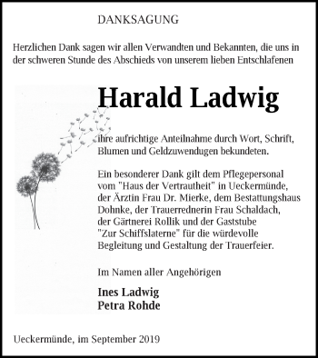 Traueranzeige von Harald Ladwig von Haff-Zeitung