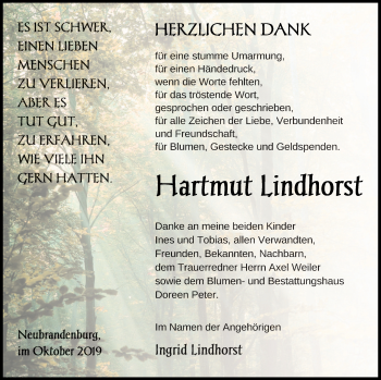 Traueranzeige von Hartmut Lindhorst von Neubrandenburger Zeitung