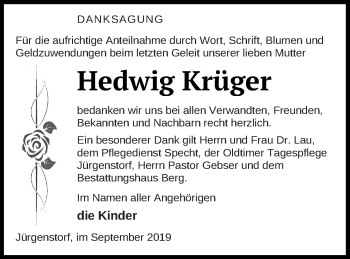 Traueranzeige von Hedwig Krüger von Mecklenburger Schweiz