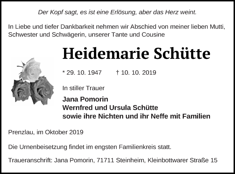  Traueranzeige für Heidemarie Schütte vom 19.10.2019 aus Prenzlauer Zeitung