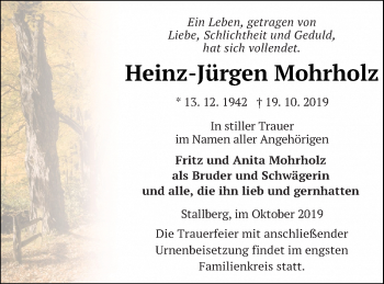 Traueranzeige von Heinz-Jürgen Mohrholz von Prenzlauer Zeitung