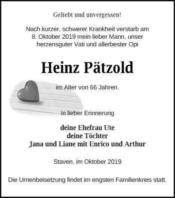 Traueranzeige von Heinz Pätzold von Neubrandenburger Zeitung