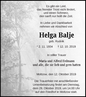 Traueranzeige von Helga Balje von Müritz-Zeitung