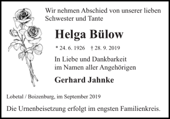 Traueranzeige von Helga Bülow von Hagenower Kreisblatt