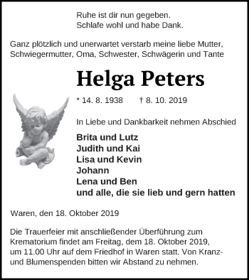 Traueranzeige von Helga Peters von Müritz-Zeitung