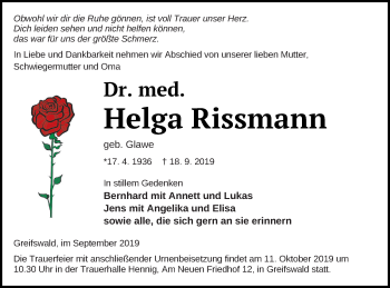 Traueranzeige von Helga Rissmann von Vorpommern Kurier